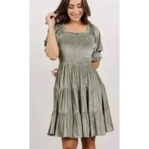 Baltic Born Bliss Mini Dress S Sage Green Velvet Smocked Tiered Puff Sleeve Boho